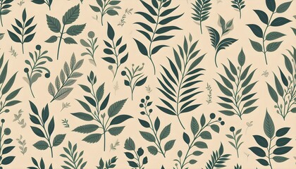 Classic botanical art featuring simple green leaves on clean neutral surface, repeating softly in vintage decorative style.