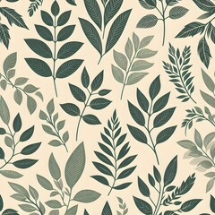 Stylized repeating green leaf pattern on soft neutral background, vintage botanical art style with clean natural design flow.