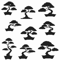 Bonsai tree silhouettes japanese miniature potted plant art