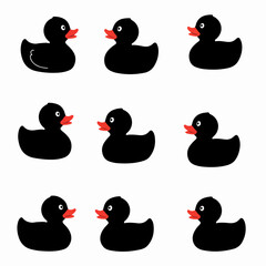 Black rubber duck toy group, red beaks