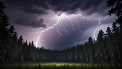 Lightning bolt illuminating a forest landscape at night.
