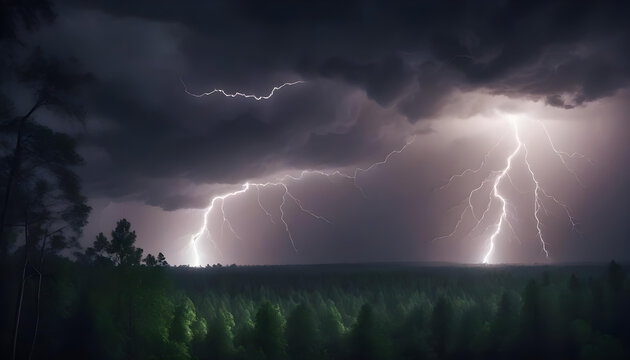 Lightning bolt illuminating a forest landscape at night.