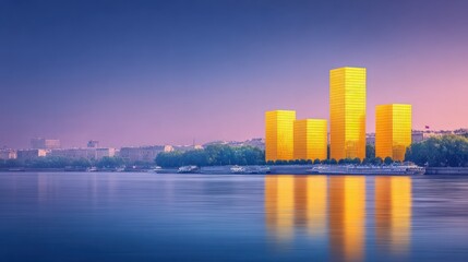 Golden Skyscrapers at Sunset Over a City River