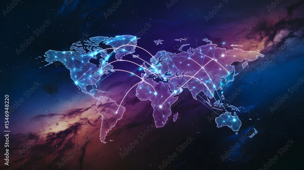 Poster global network connections illuminated world map of interconnectivity
