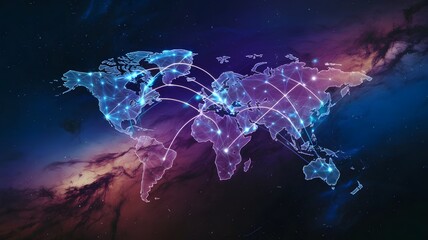 Global Network Connections Illuminated World Map of Interconnectivity