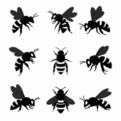 Bee silhouettes, insect collection, flying wasp images