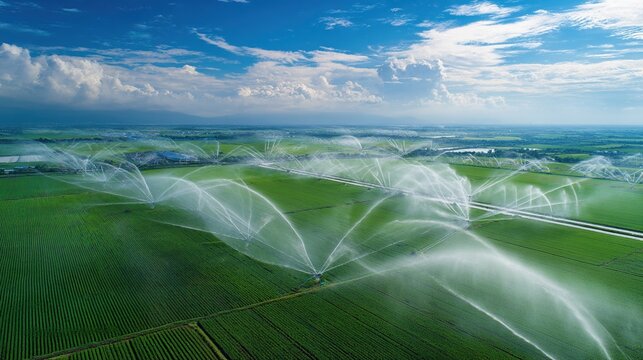 Aerial View of Agricultural Irrigation System in Green Fields
