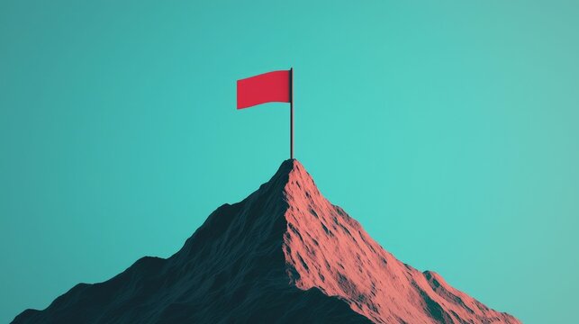 Conceptual image of a lone mountain peak with a red flag waving at the summit representing the concept of goal achievement ambition and the journey to success