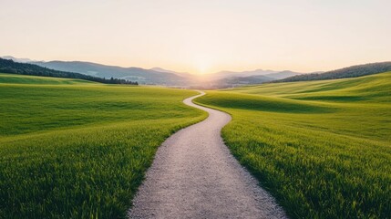 Fototapeta premium Serene landscape with a winding path leading through a lush green meadow towards a shining glowing destination on the horizon The calming