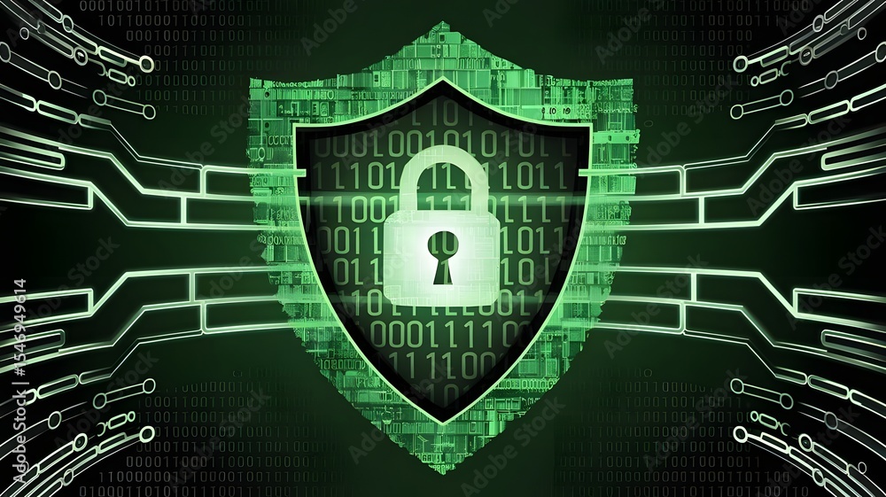 Poster cybersecurity shield protecting digital assets with robust security measures
