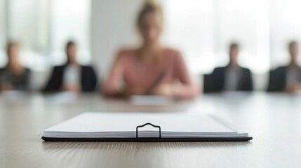 Close up view of a manager taking notes and reviewing documents during an important team meeting in a corporate office setting  The manager is focused on the discussion and decision making process