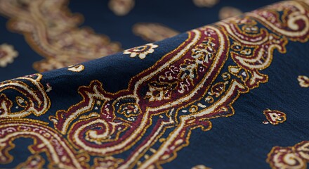 Obraz premium Close-up of Deep Blue Paisley Fabric with Gold and Maroon Accents