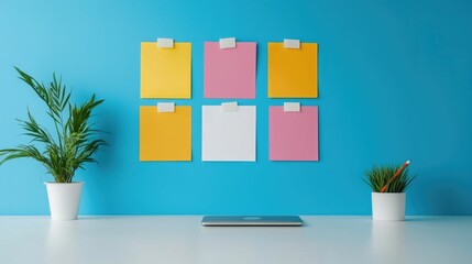 Employees collaborating and sharing feedback on a project in a modern minimalist office setting  The image showcases a contemporary workspace with a blue wall plants