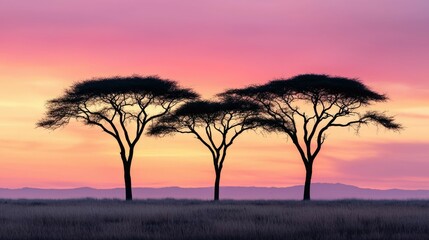 Obraz premium Dramatic African Savannah Landscape Capturing the Beauty of Acacia Trees Silhouetted Against a Vibrant Sunset Sky Serene and Peaceful Wilderness Scene from the Savanna