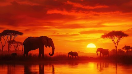 Breathtaking Ethereal African Sunset Over a Waterhole With Silhouetted Elephants Giraffes and Zebras in the Savanna Landscape