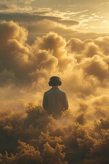 Person wearing headset standing alone in a dreamy golden landscape surrounded by fluffy clouds and glowing mist at sunrise, evoking peace, solitude, and imagination.