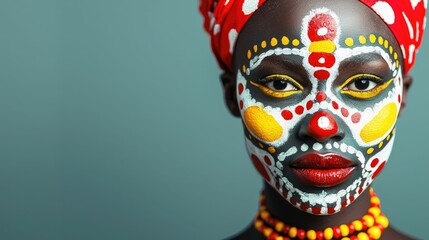 Close up detailed shot of a female model s face adorned in colorful vibrant traditional African tribal face paint and makeup  The ornamental features intricate patterns shapes and bold colors