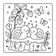 Forest Snails Coloring Page – Sweet Snail Couple with Flowers, Berries, and Butterflies for Children