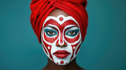 Closeup of an alluring African woman s face adorned in vibrant traditional tribal makeup and headdress  The makeup features bold colorful patterns and designs creating a captivating