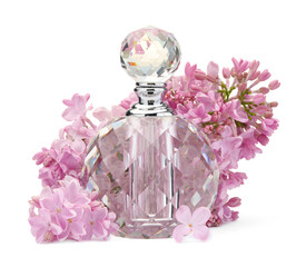 Luxury perfume and beautiful lilac flowers isolated on white