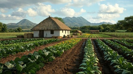 Stunning picturesque African farm landscape featuring a traditional thatched hut nestled among lush cultivated fields and rolling hills in the distance