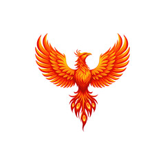 Fototapeta premium Stylized red and orange phoenix bird with fiery wings, centered on white