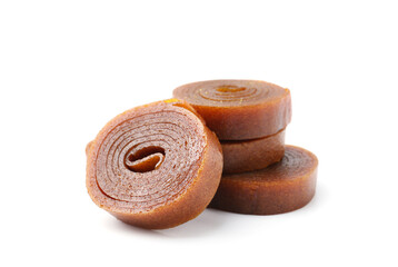 Delicious fruit leather rolls on white background