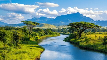 Stunning scenic view of a flowing river in an African landscape surrounded by a lush verdant forest and towering mountains in the distance