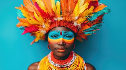 Vibrant African Festival with Colorful Tribal Headdress and Costume  Participant wearing traditional ethnic make up and headpiece with feathers participating in cultural dance or ritual event