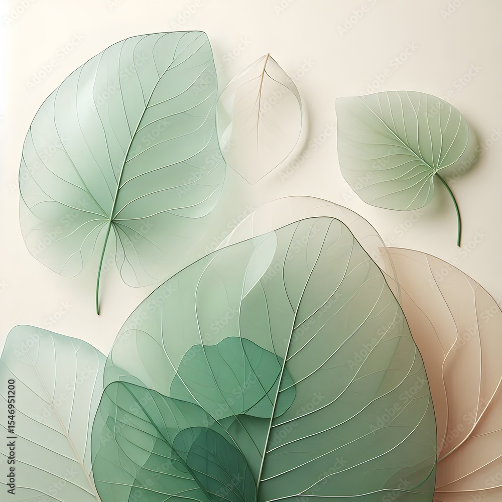 Poster minimal design with layered translucent leaf textures in calming green hues, open space in center fo