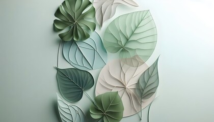 Abstract foliage layout with large light green leaves creating peaceful and elegant natural background design.