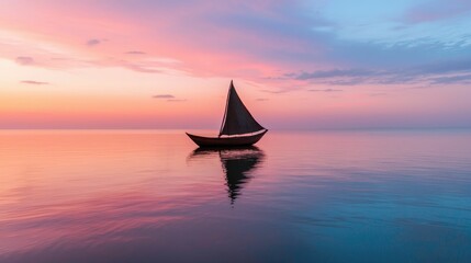 Traditional African sailboat gracefully gliding across a serene lake its reflection mirroring the vibrant sunset hues and creating a peaceful atmospheric landscape