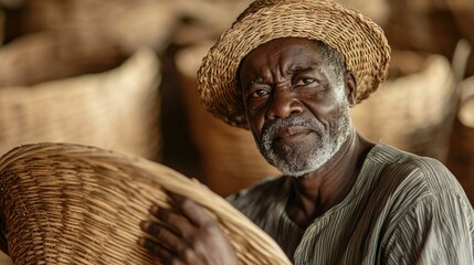Elderly African man with weathered face and hands intricately weaving baskets showcasing his traditional craftsmanship and cultural heritage