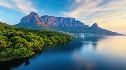 Iconic Table Mountain Standing Tall Amidst the Lush Vibrant Vegetation and Serene Reflective Waters of the African Landscape