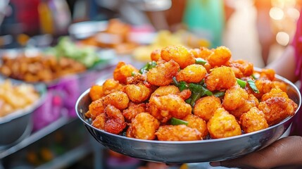 Vibrant street food scene featuring a variety of popular African dishes and lively colorful settings  Fried and spicy snacks served in plates and bowls
