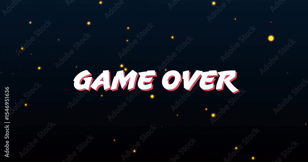 Poster displaying stylized white 'game over' text on dark gradient backdrop, with glowing particles