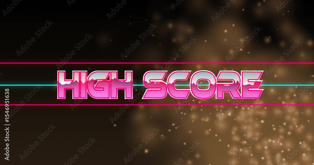 Poster displaying pink 3d high score text crossing cyan line on arcade interface, with golden sparkles