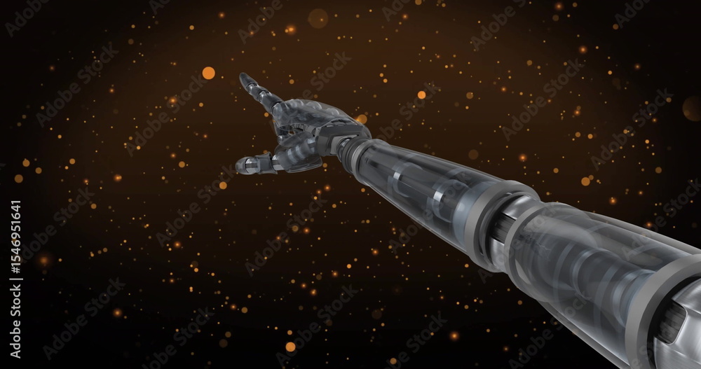 Poster extending transparent articulated robotic arm across digital void, with glowing orange particles