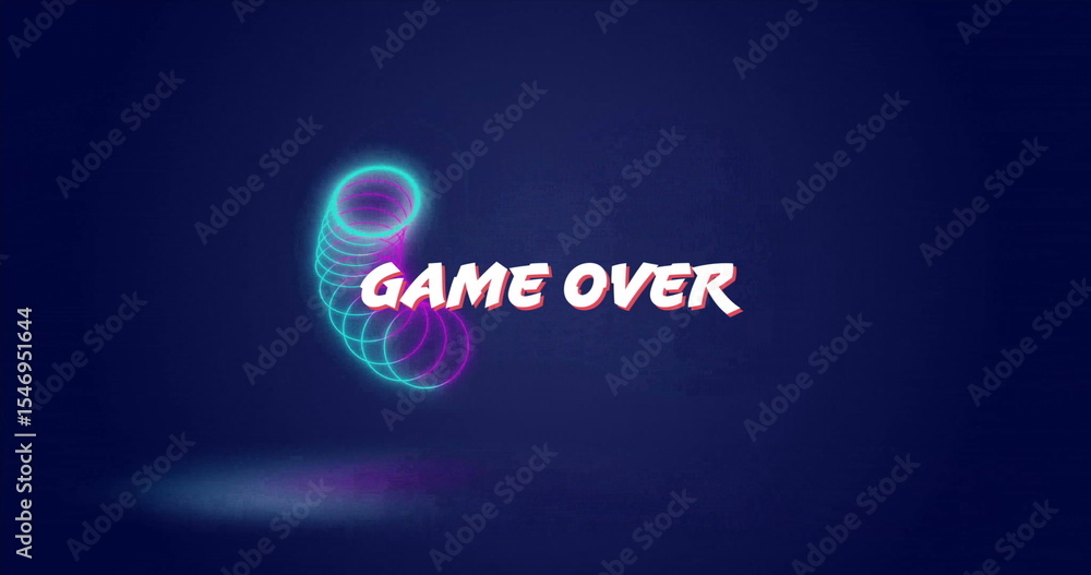 Poster displaying spiraling neon rings and stylized game over text above glowing floor patch in interface