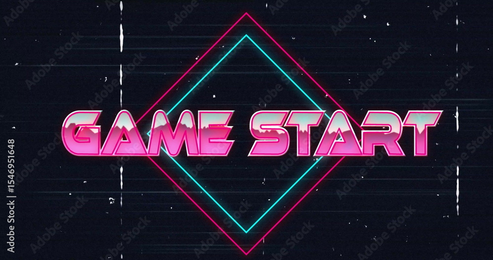 Poster displaying neon diamond outline framing game start text on charcoal backdrop, with glitch marks