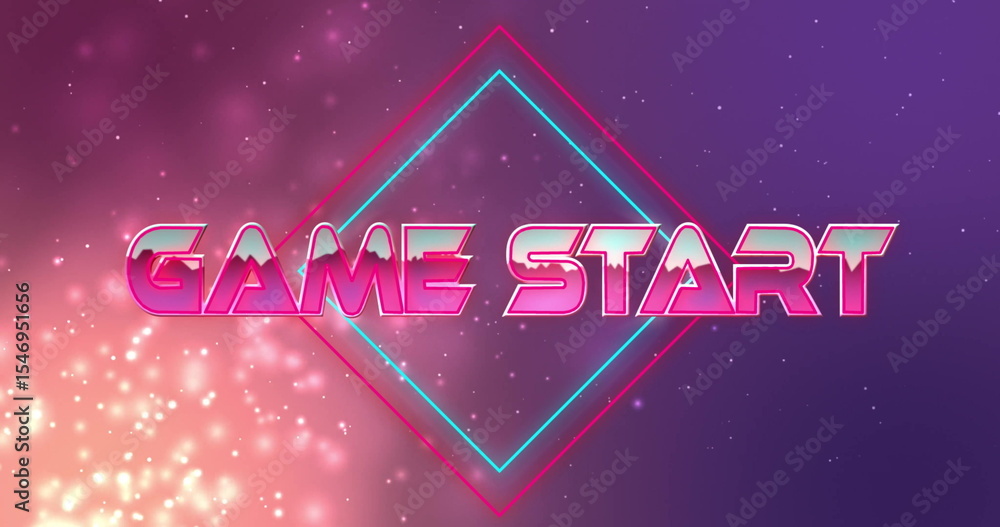 Poster neon game start text shining in arcade gradient background, with diamond shape and golden sparkles