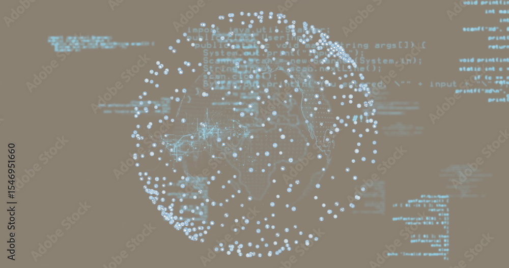 Poster floating globe of interconnected data points in abstract virtual space, with drifting code overlays
