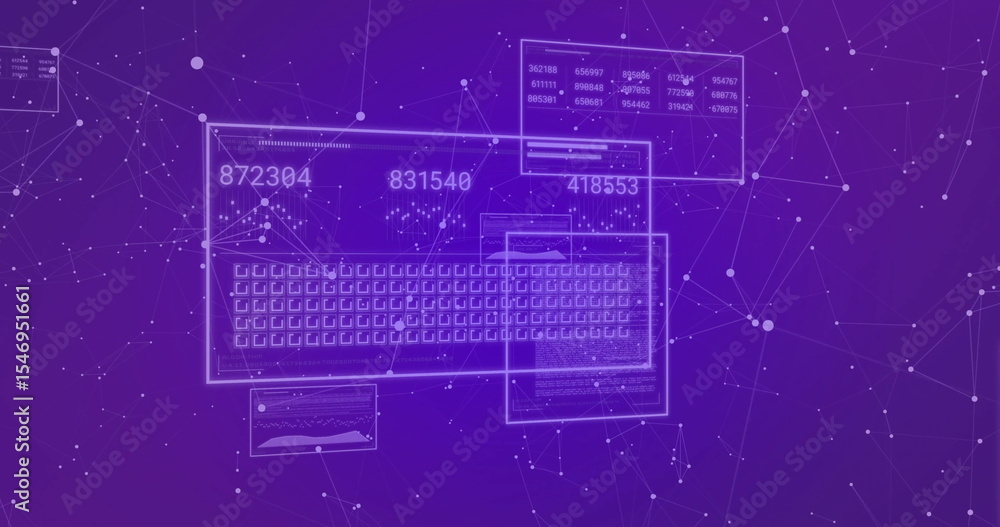 Poster Displaying translucent data panel floating over virtual network nodes, with numbers and grid