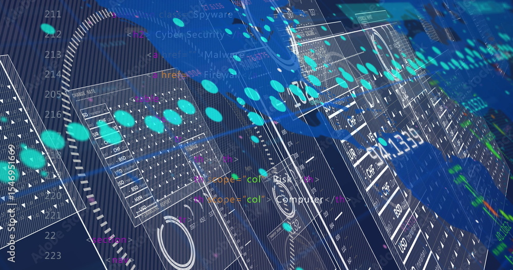 Poster complex cybersecurity interface displaying on grid, with transparent panels and code lines overlay