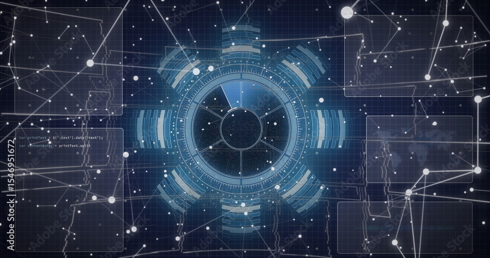 Poster Displaying central circular HUD interface in virtual control room, with code panels and data nodes