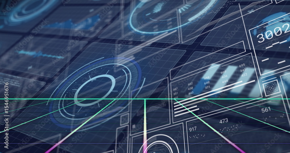 Poster projecting holographic interface displaying hud diagrams in virtual grid space, with neon vectors