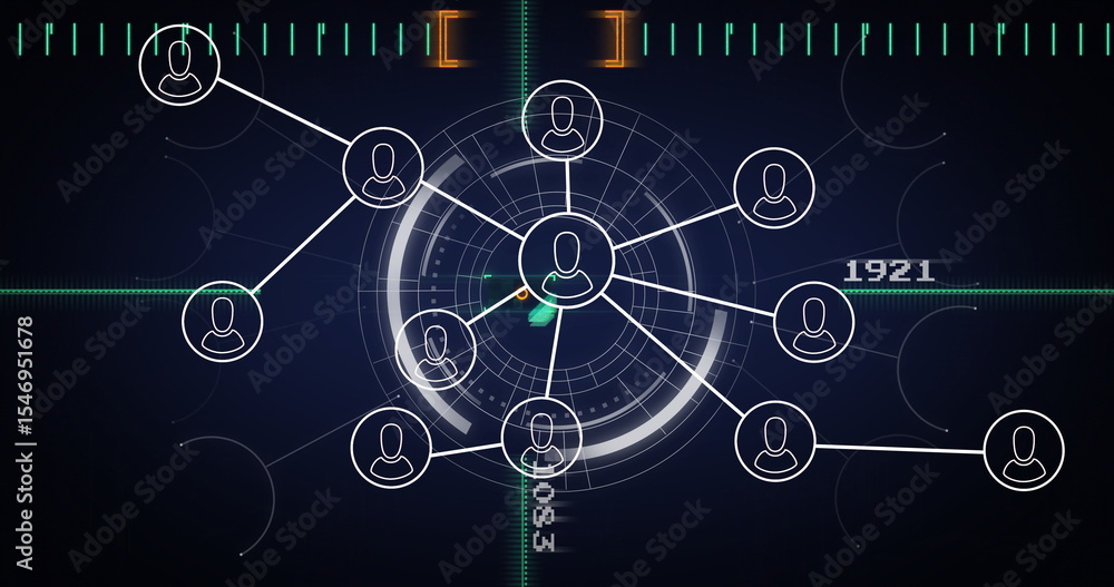 Poster displaying concentric radar interface pulsing over blue grid with user avatars and numeric overlay