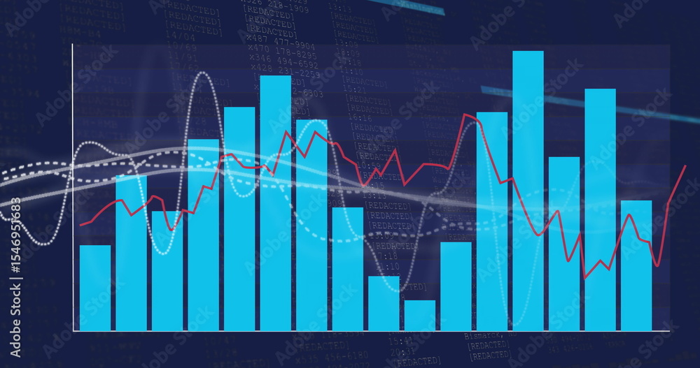 Poster displaying chart on screen with cyan bars, red line, white dashed lines, axis line, code background