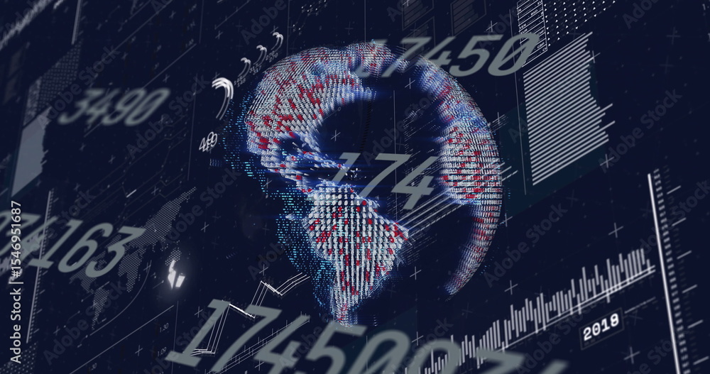 Poster displaying rotating 3d digital globe of data points on virtual dashboard, with bar graphs