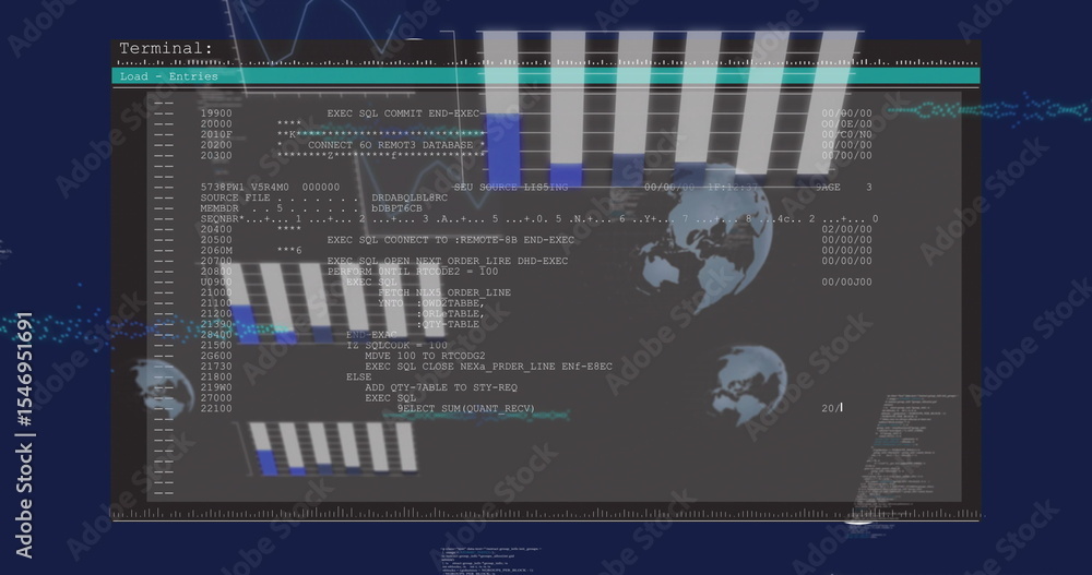 Poster Displaying terminal window showing SQL code and bar charts on screen, with globe icons, waveforms